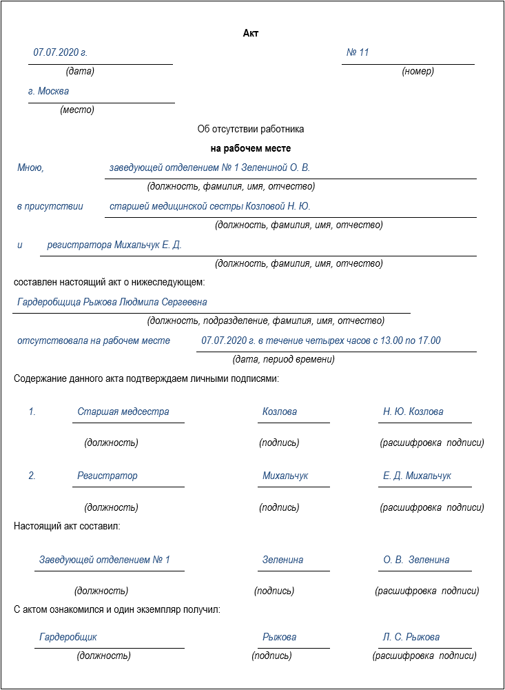 Образец составления акта об отсутствии работника на рабочем месте